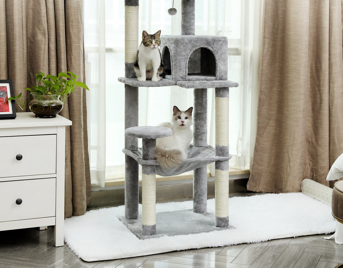 Arbre à chat 5 niveaux vu de face dans un salon, condo, hamac et plateforme haute
