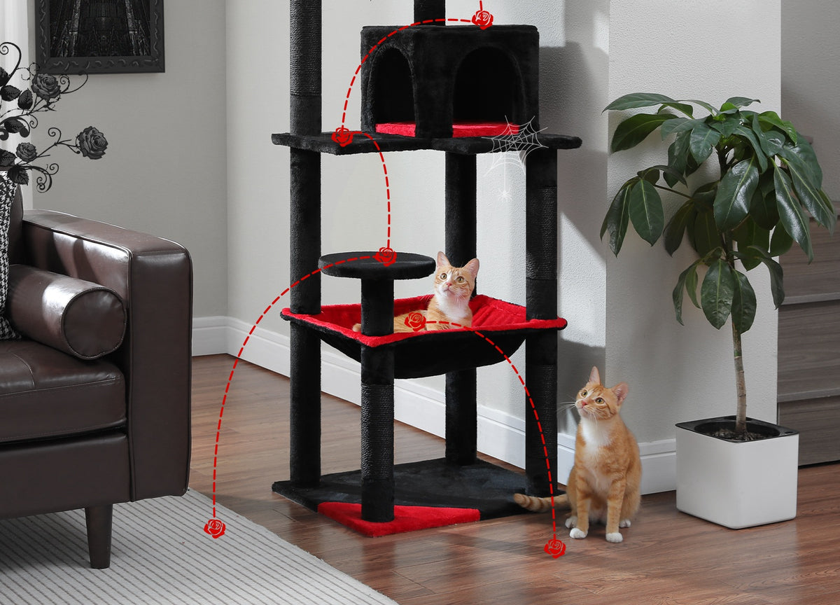 Arbre à chat 5 niveaux en version noire et rouge, hamac tendu et chat roux au pied