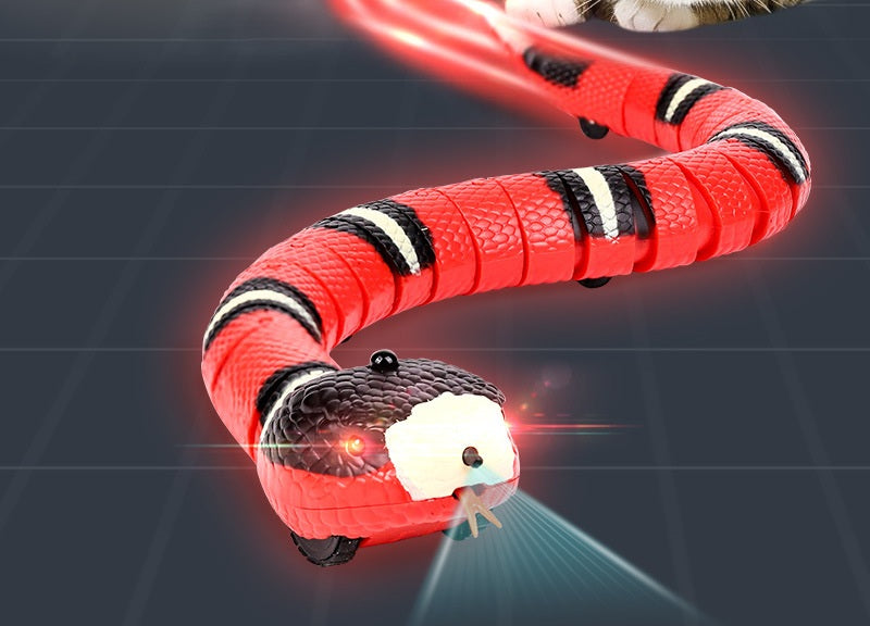 Serpent électronique pour chat en mouvement, corps ondulant et capteur lumineux à la tête, une patte de chat au-dessus