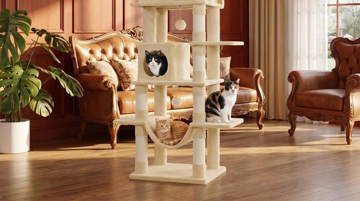 Arbre à chat 170 cm en situation dans un salon, un chat couché sur la plateforme supérieure