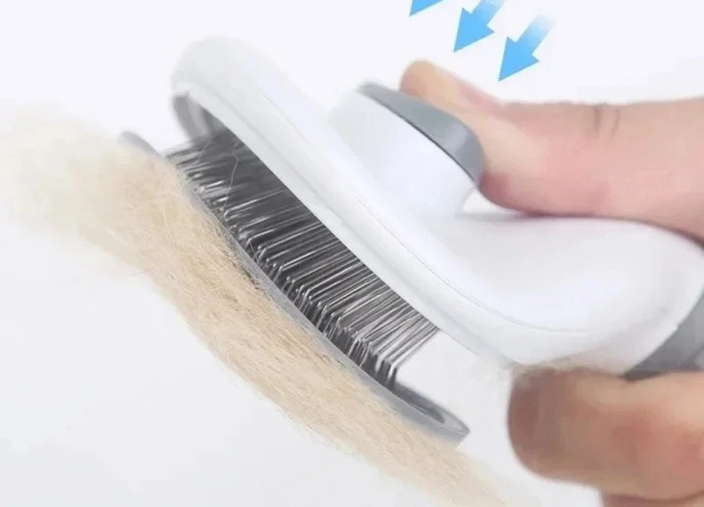 Main pressant le bouton de la brosse autonettoyante pour chat, les picots se rétractent et libèrent les poils