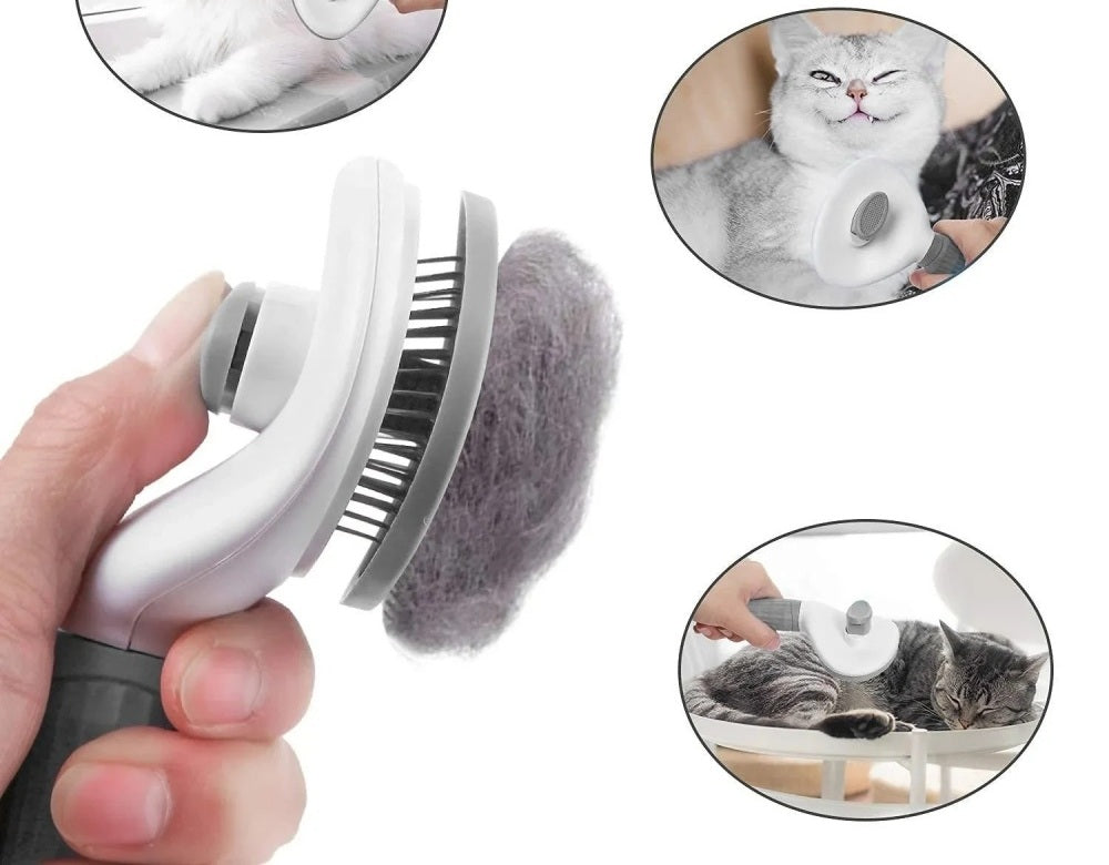 Détail de la brosse autonettoyante pour chat : le manchon de poils décollé de la tête après pression du bouton
