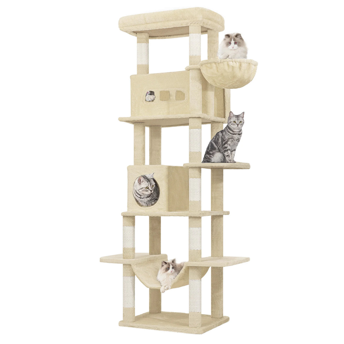 Arbre à chat 210 cm coloris beige, condo au pied et perchoirs supérieurs