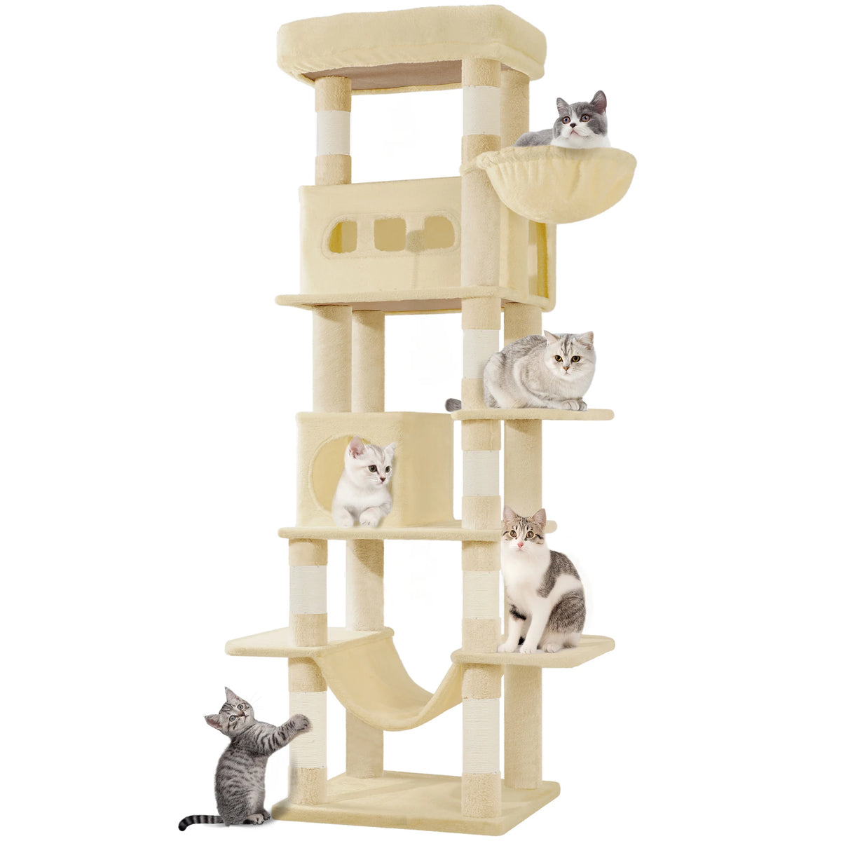 Arbre à chat 170 cm coloris beige avec corbeille et hamac, plusieurs chats installés
