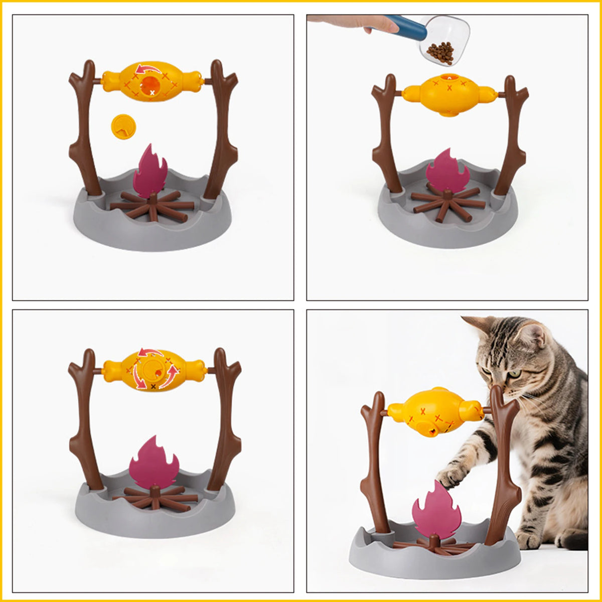 Quatre vues du jouet distributeur de friandises pour chat : remplissage, rotation de la broche et chat en train de jouer