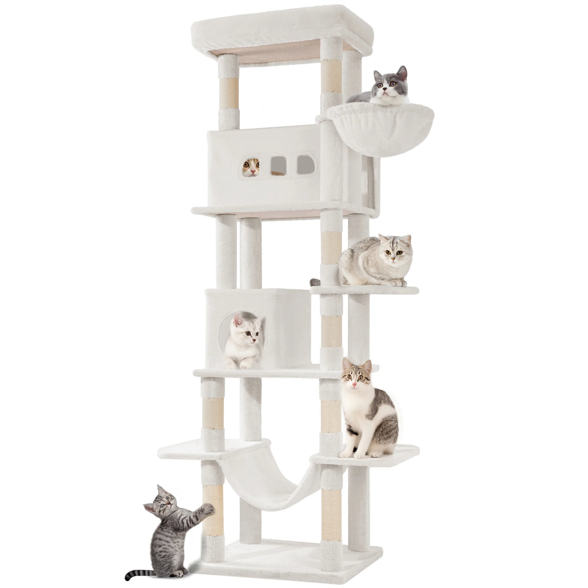 Arbre à chat 210 cm coloris blanc avec corbeille haute et hamac tendu