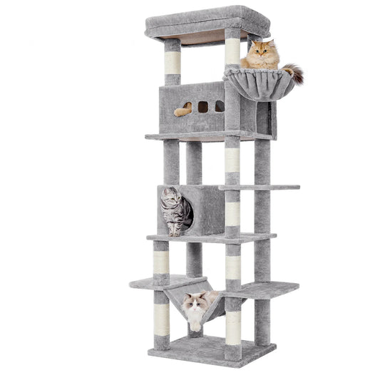 Arbre à chat 210 cm coloris gris clair, huit poteaux en sisal, corbeille suspendue et condo, plusieurs chats installés