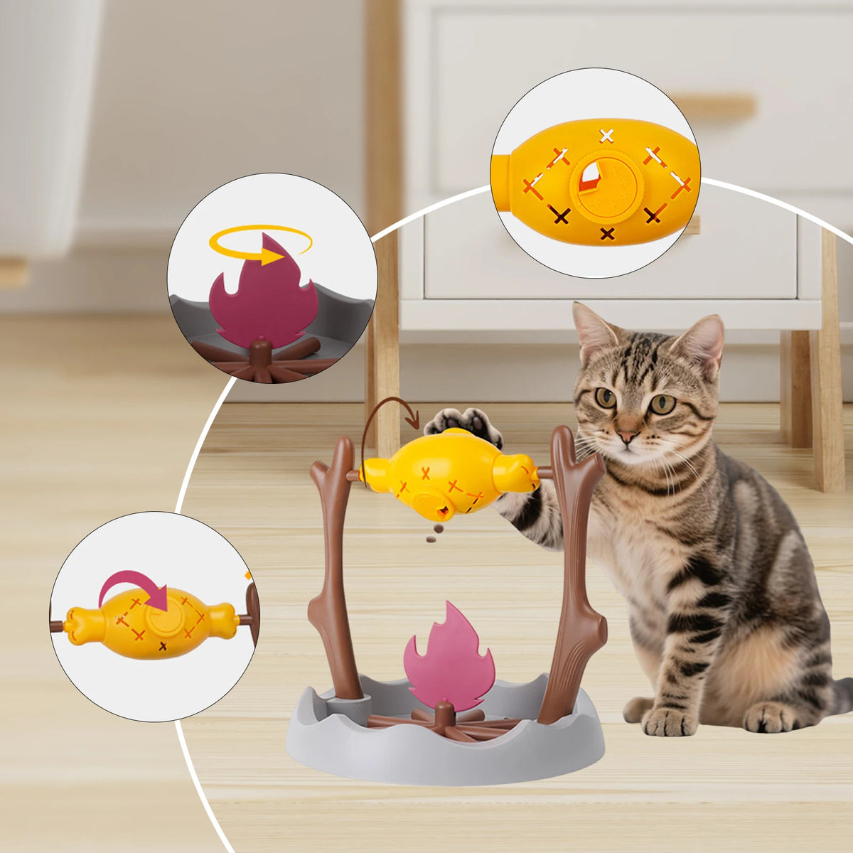 Jouet distributeur de friandises pour chat vu de trois quarts, détails de la trappe de remplissage et du socle