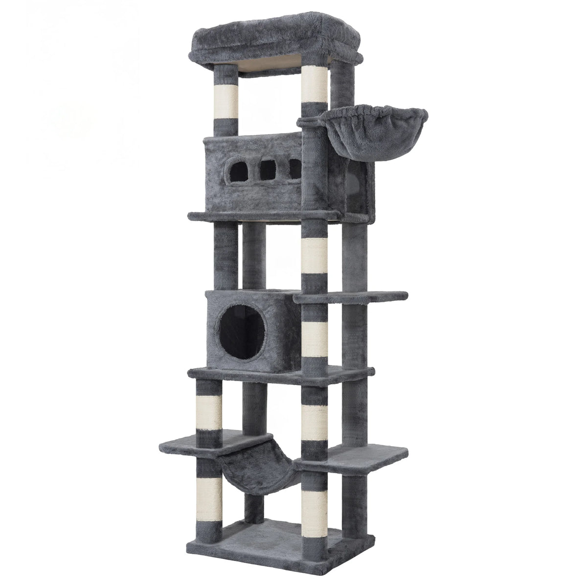 Arbre à chat 170 cm coloris gris, plateformes étagées, corbeille suspendue et condo au pied