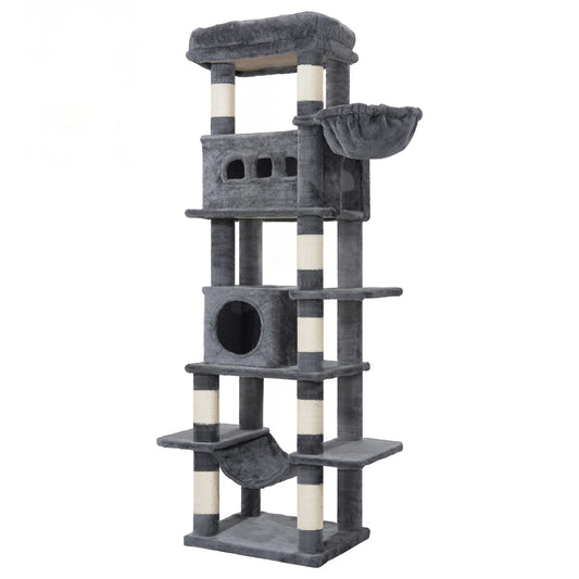 Arbre à chat 170 cm coloris gris, plateformes étagées, corbeille suspendue et condo au pied