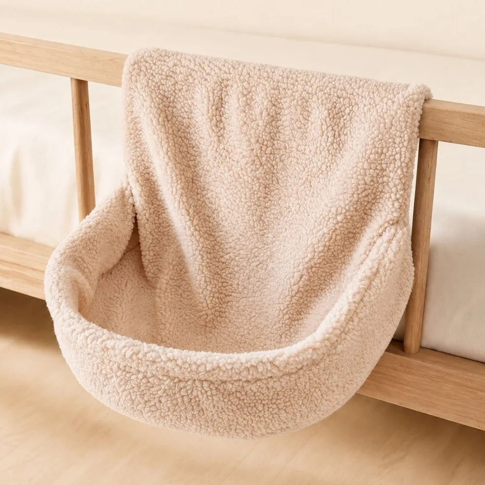 Hamac de radiateur pour chat en peluche, coloris écru bouclette, nid souple suspendu sur une traverse en bois clair