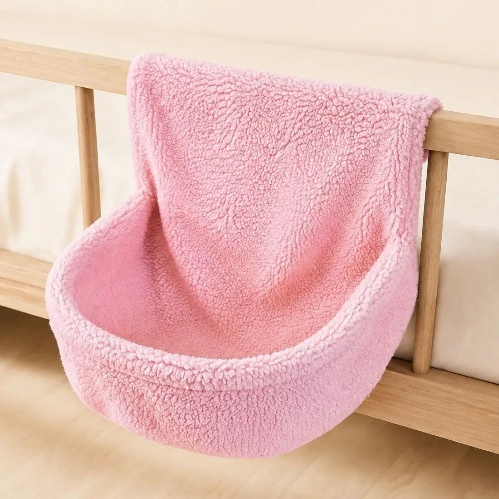 Hamac de radiateur pour chat en peluche, coloris rose bouclette, nid souple suspendu sur une traverse en bois clair
