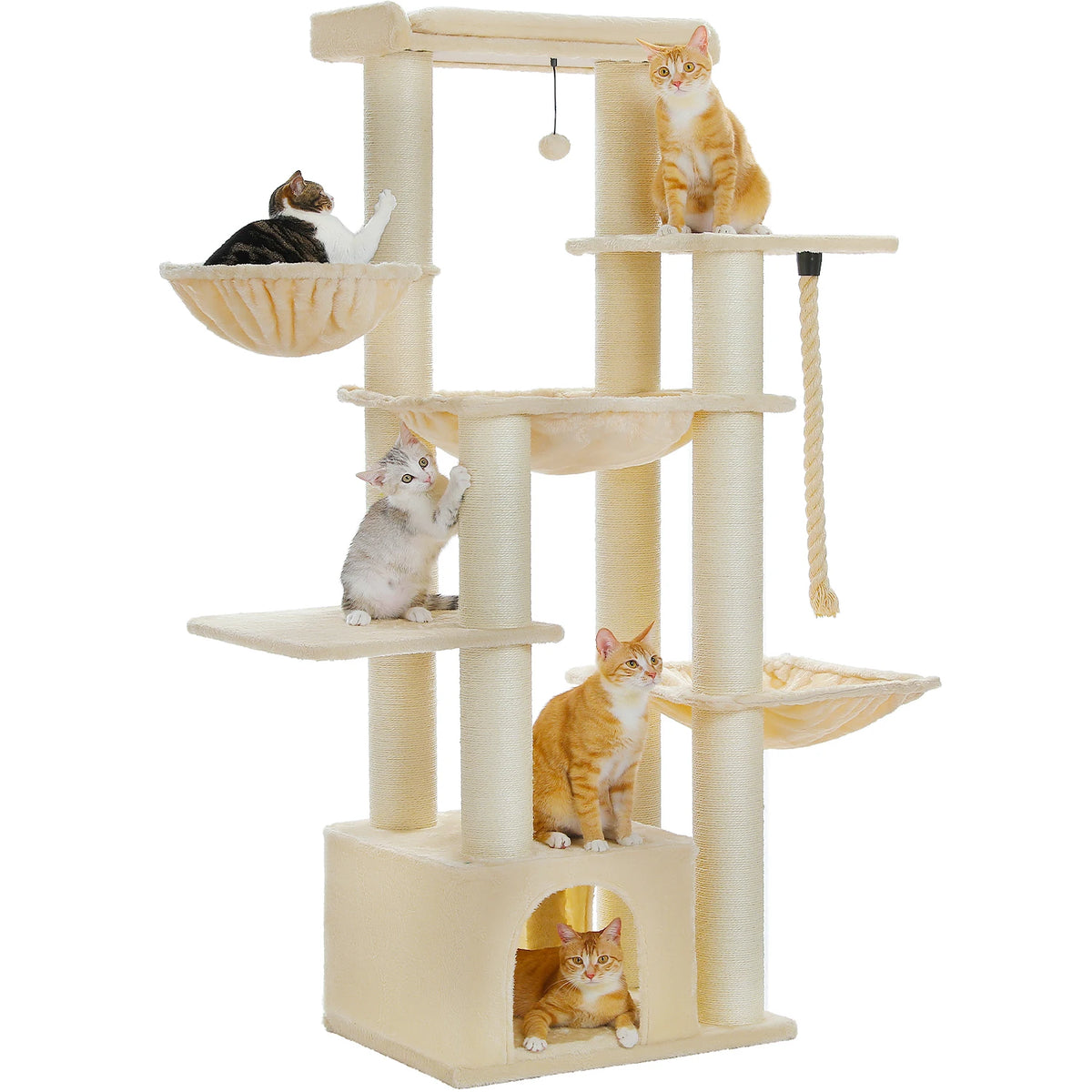 Arbre à chat pour grand chat coloris beige, onze poteaux en sisal, deux corbeilles suspendues et condo au pied