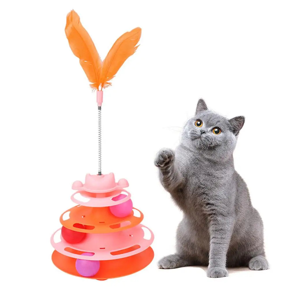 Tour à balles pour chat orange et rose à quatre niveaux avec plume orange sur ressort