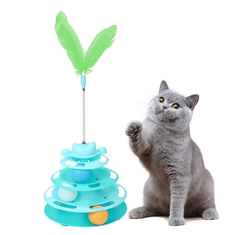 Tour à balles pour chat turquoise à quatre niveaux avec plume verte sur ressort