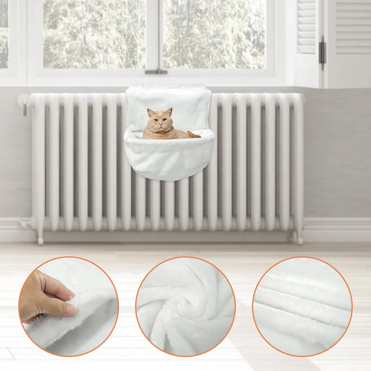 Berceau de radiateur pour chat installe sous une fenetre et gros plans sur la peluche et sa doublure