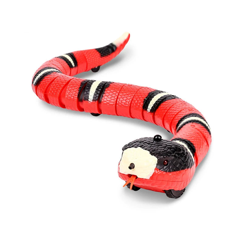 Serpent électronique pour chat rouge et noir sur fond blanc, corps articulé en anneaux et tête à capteur