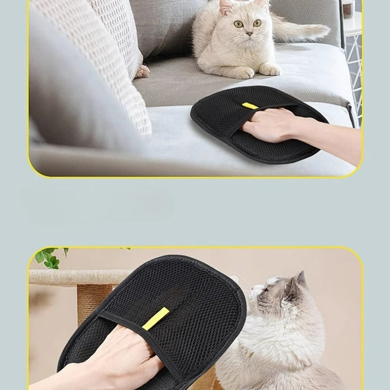 Deux vues du gant d'épilation pour chat passé sur un canapé et sur le pelage d'un chat gris