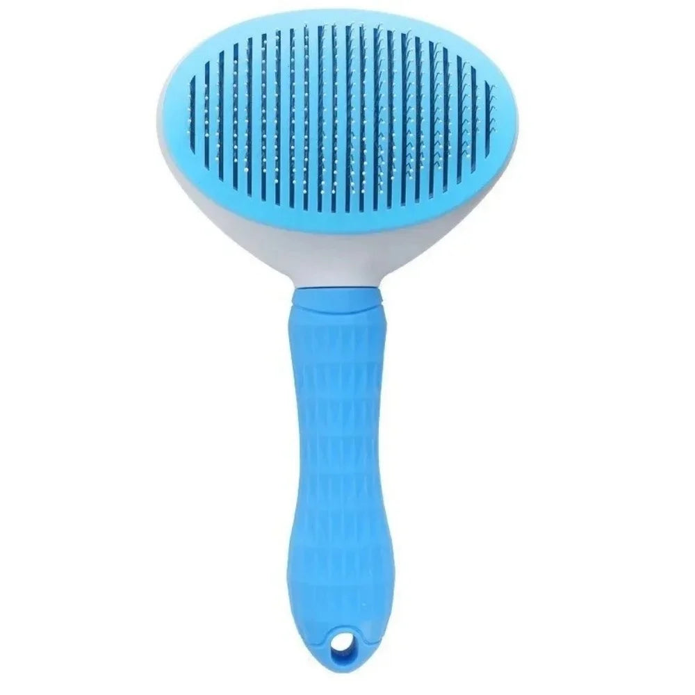 Brosse autonettoyante pour chat coloris bleu, tête ovale et poignée antidérapante