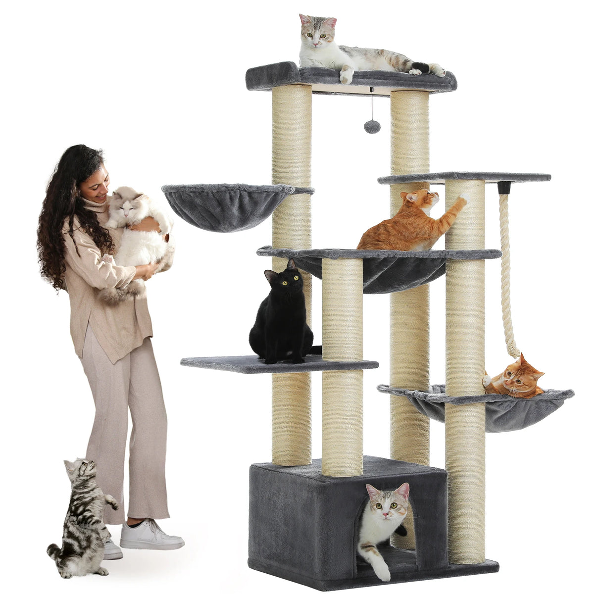 Arbre à chat pour grand chat coloris gris, une personne portant un chat devant la structure