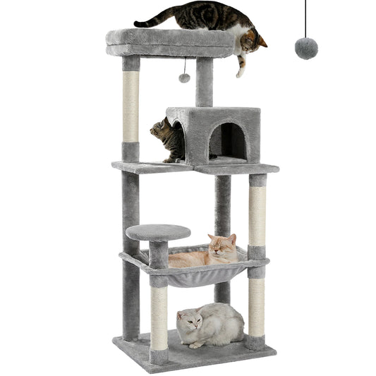 Arbre à chat 5 niveaux gris clair avec condo fermé, hamac suspendu et poteaux en sisal, deux chats installés dessus