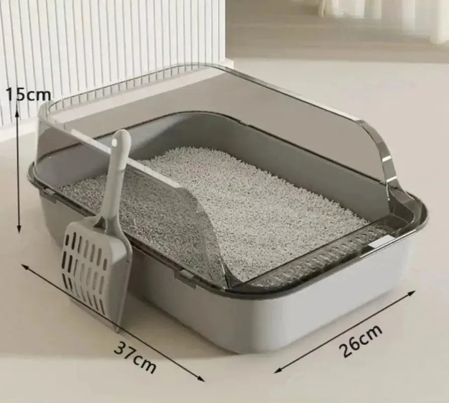 Schéma coté du bac à litière compact pour chat : 37 cm de large, 26 de profondeur, 15 de haut