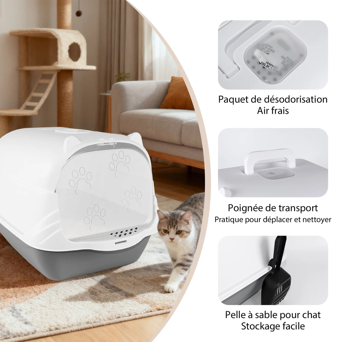 Bac à litière chat avec porte blanc et gris posé sur un tapis, un chat tigré passant à côté