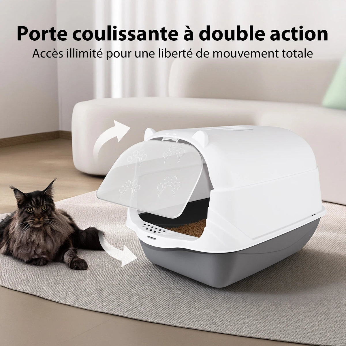 Porte battante transparente du bac à litière chat ouverte dans les deux sens, chat à poil long allongé devant