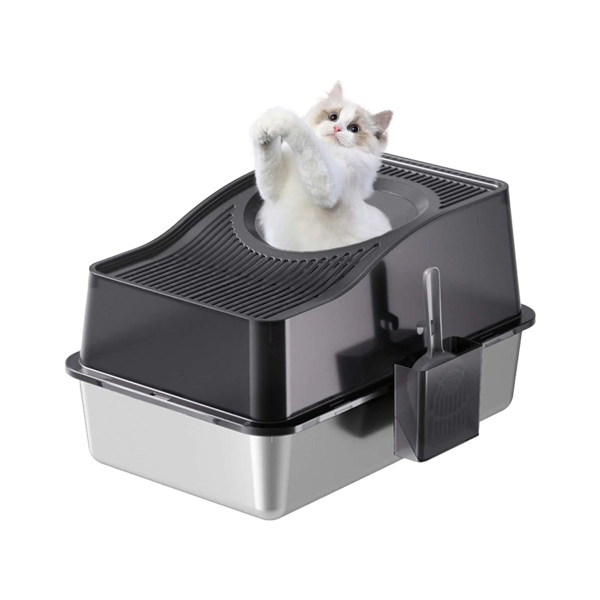 Bac à litière chat XXL en inox à entrée par le dessus, couvercle nervuré et porte-pelle clipsé, un chat sortant par le dessus
