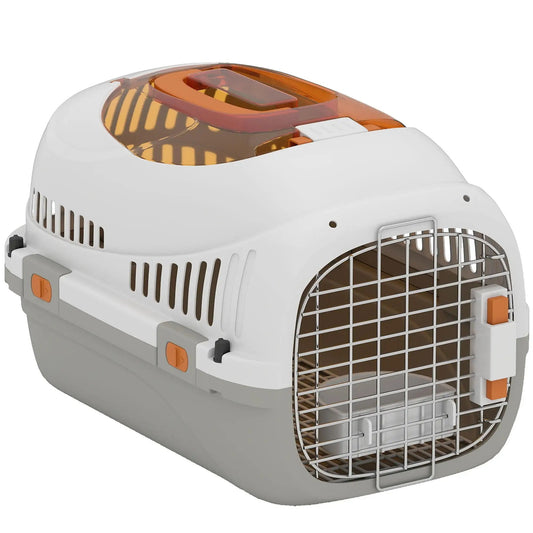 Cage de transport pour chat blanche et grise, trappe transparente orange sur le toit et porte grille