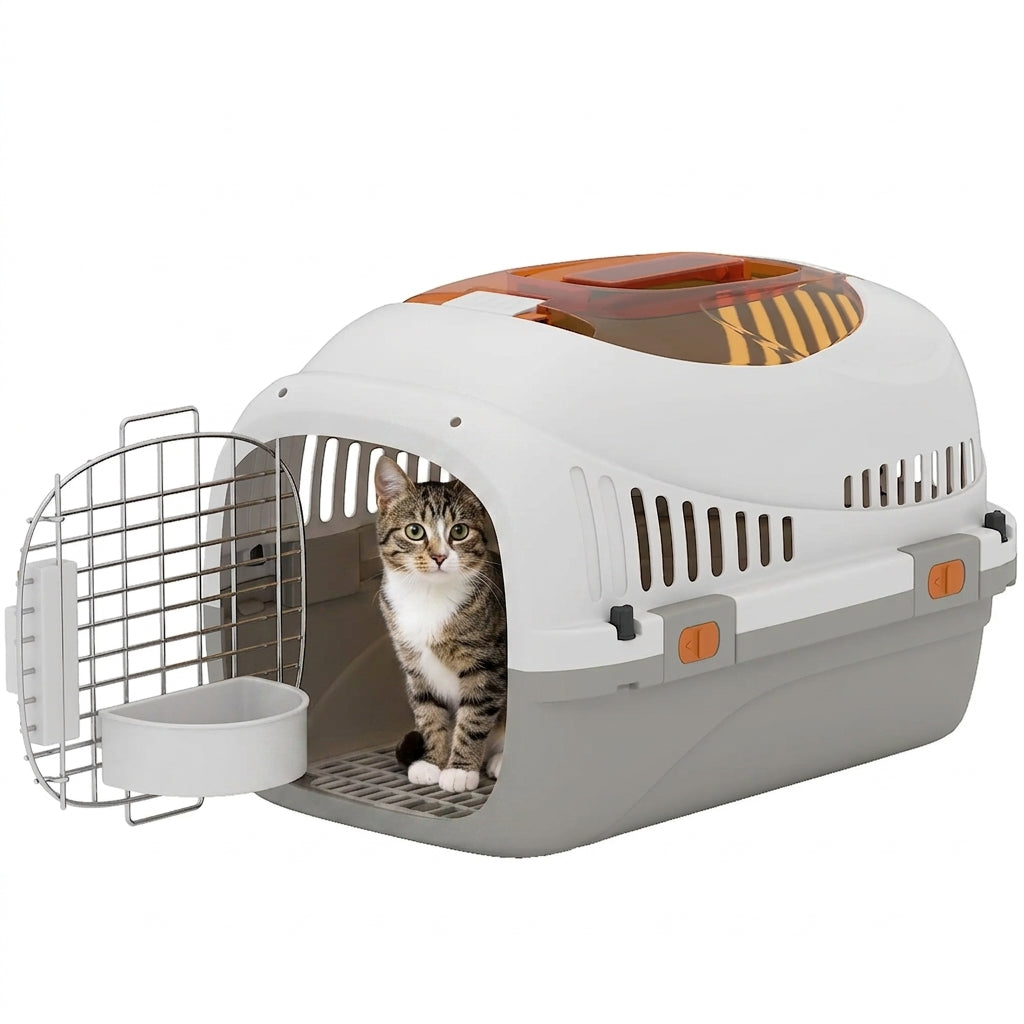 Cage de transport pour chat avec sa porte grille détachée et sa gamelle blanche clipsée dessus