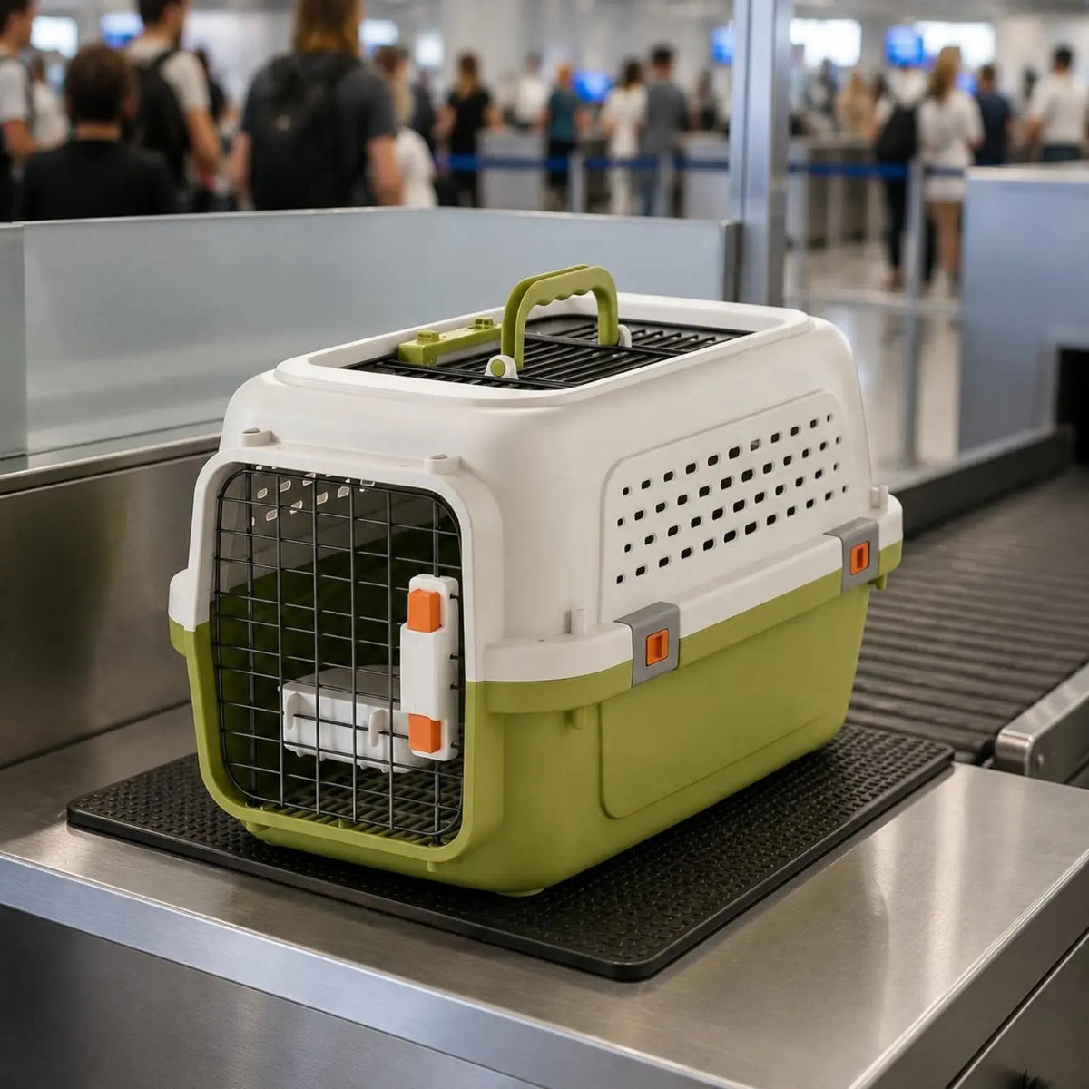 Cage de transport chat verte avec la trappe du toit ouverte sur sa grille noire et sa poignée