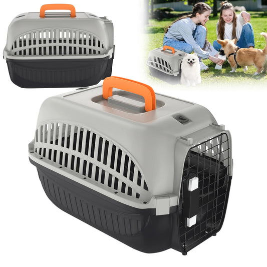 Caisse transport chat gris clair et anthracite vue de trois quarts, poignée orange rabattable sur le toit