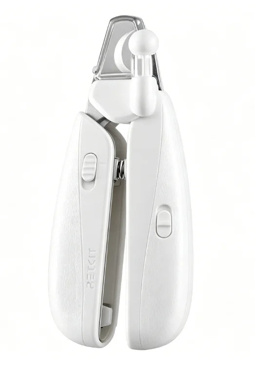 Coupe-griffes blanc pour chat vu de face, lame inox et molette de réglage sur le corps — coupe griffe chat