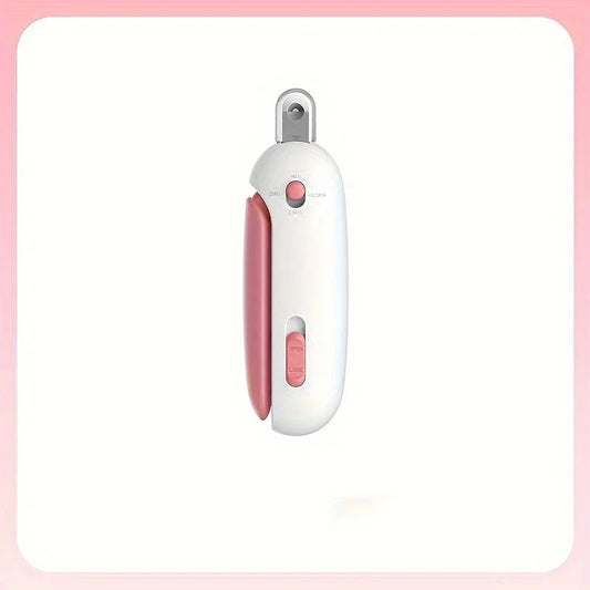 Coupe-griffes compact blanc et rose, lame apparente et curseur de réglage sur le corps — coupe griffe chat