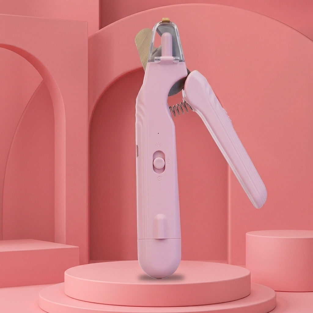 Coupe griffe chat rose rechargeable, lame ouverte et lime intégrée sur décor rose