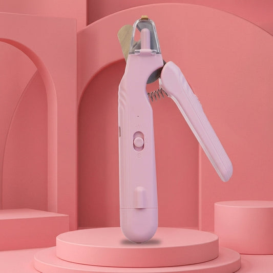 Coupe griffe chat rose rechargeable, lame ouverte et lime intégrée sur décor rose