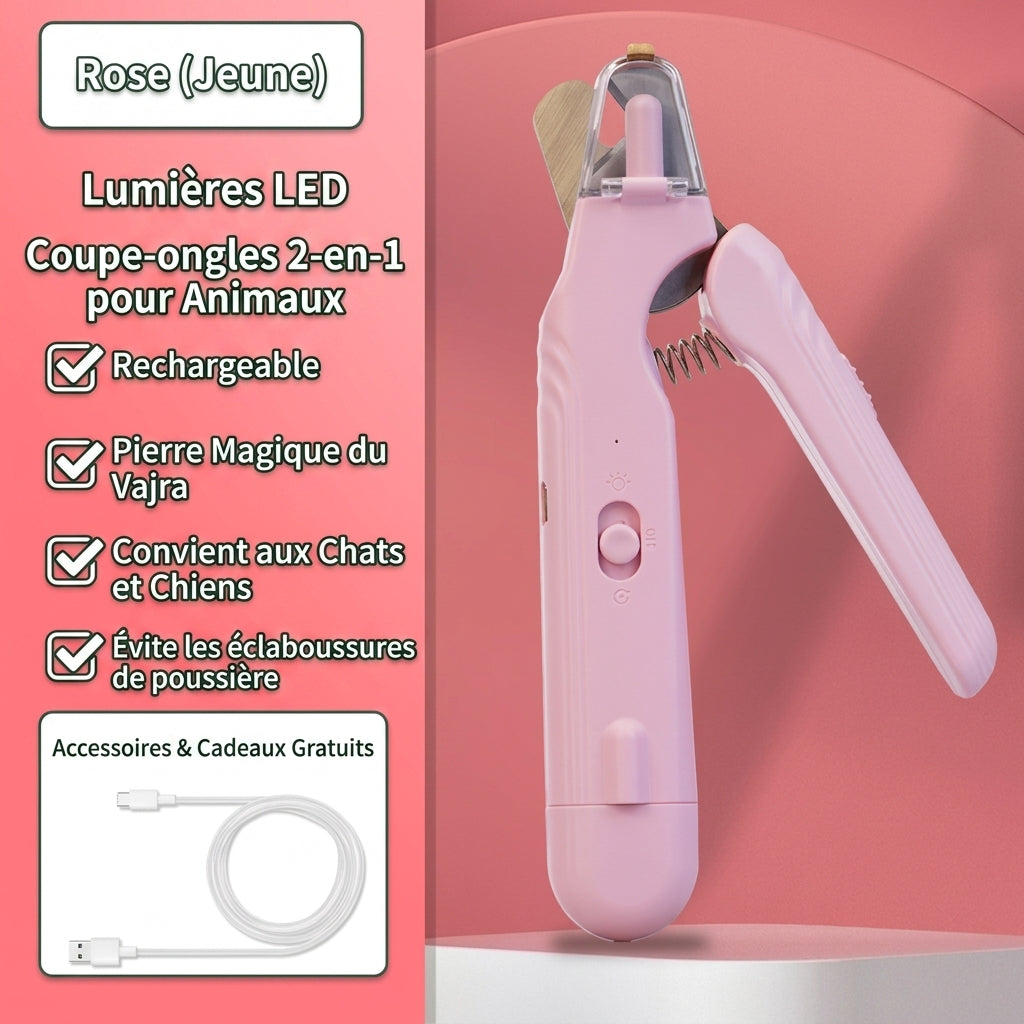 Coupe griffe chat rose : éclairage LED, deux-en-un rechargeable et câble USB fourni
