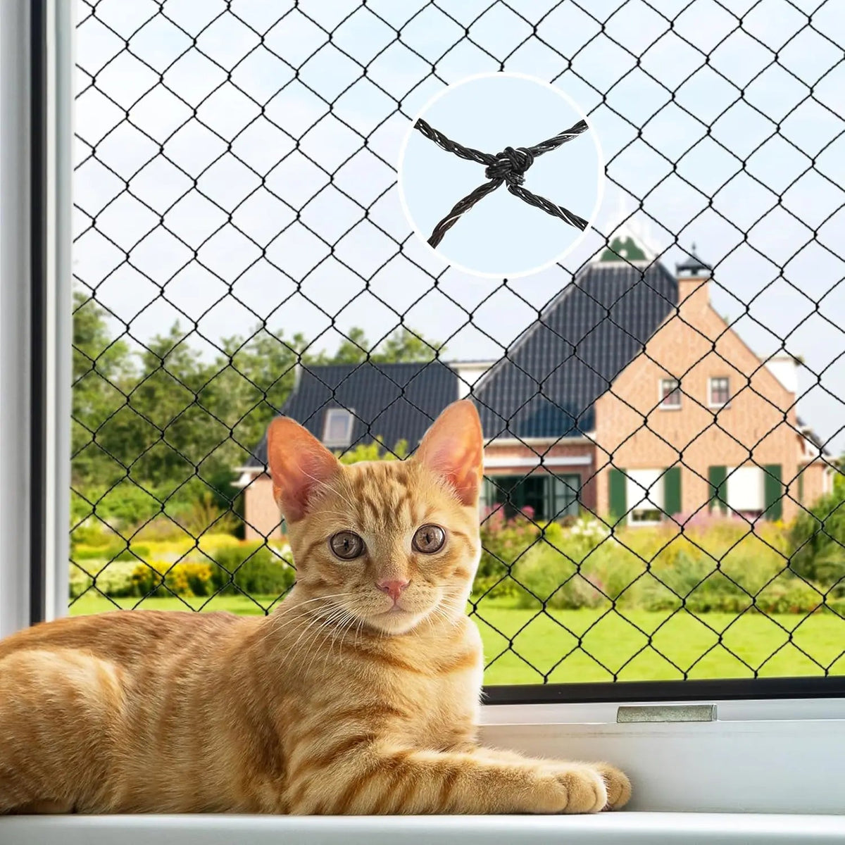 Filet noir tendu devant une fenêtre ouverte, chat roux couché sur l'appui, détail d'un nœud de maille — filet balcon chat