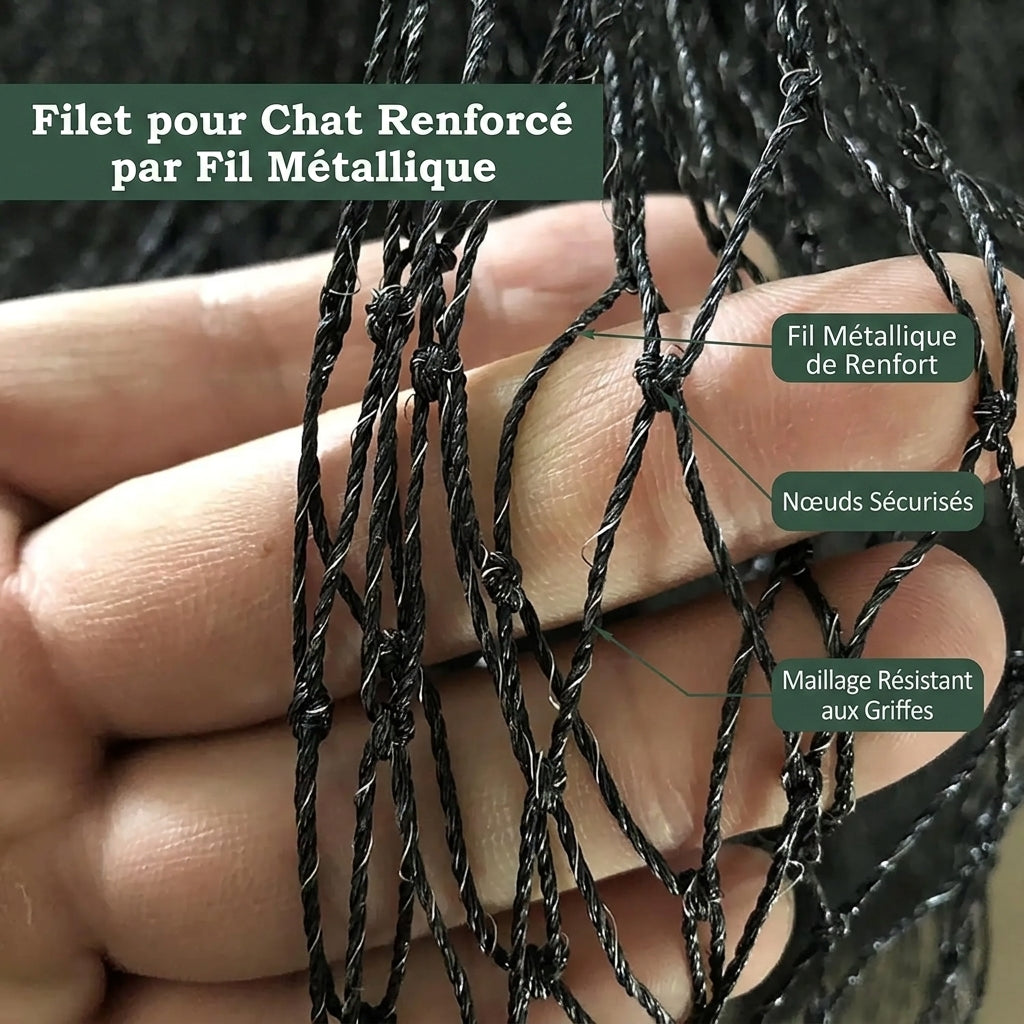 Maille du filet balcon chat tenue en main, fil métallique de renfort visible dans chaque brin