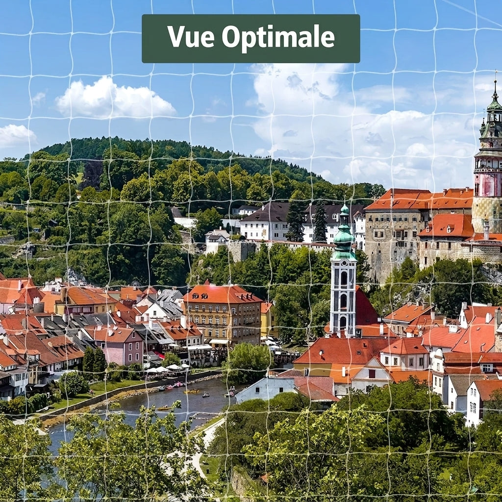 Vue dégagée sur un village à travers les mailles fines du filet balcon chat transparent