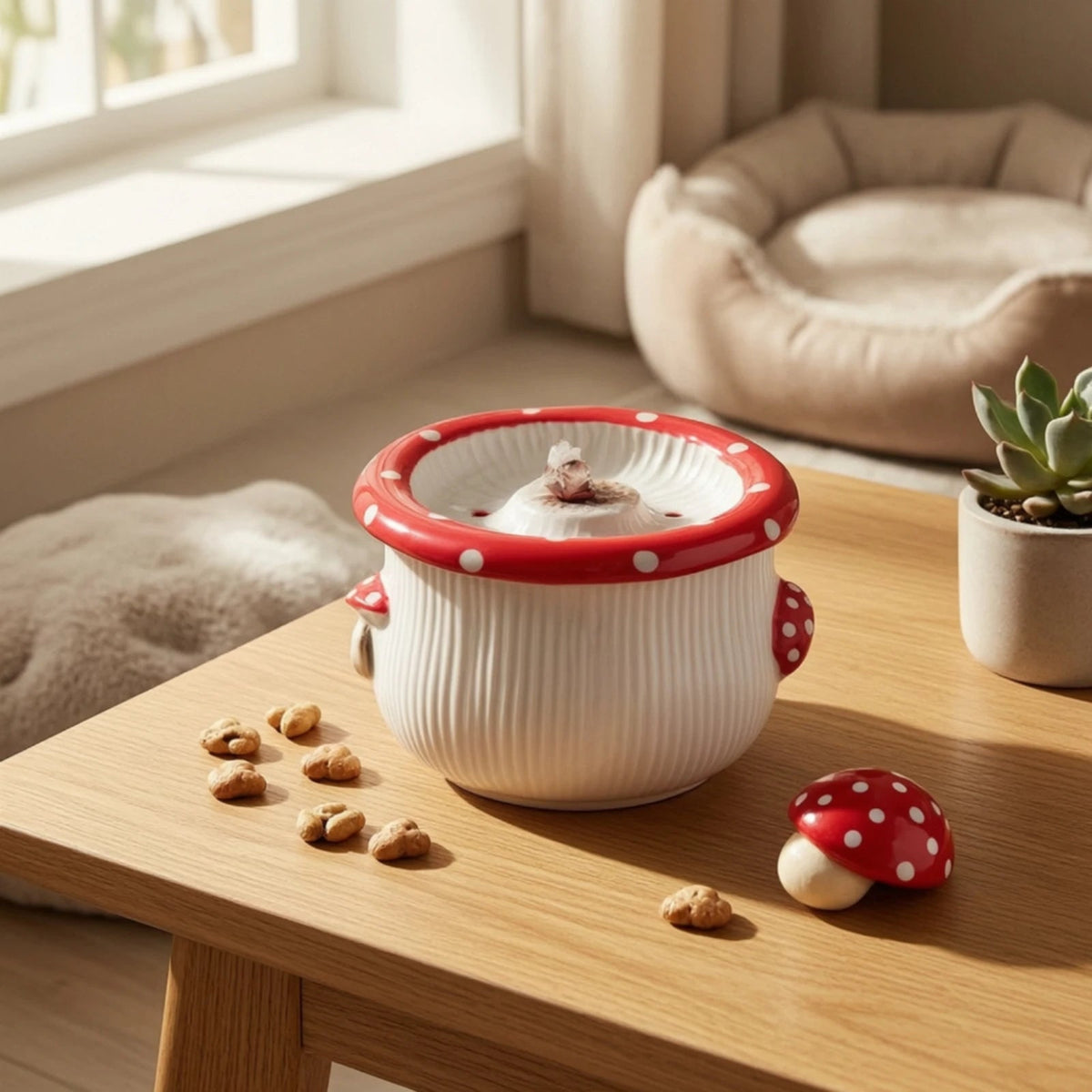 Fontaine en céramique en forme de champignon rouge à pois blancs, posée sur une table basse — fontaine à eau chat céramique