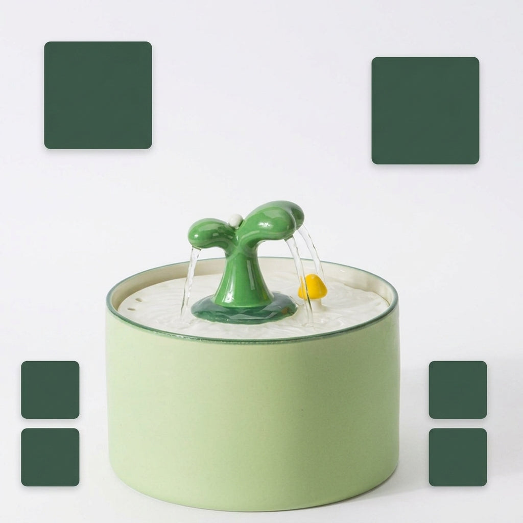 Fontaine à eau chat céramique verte, bec en pousse et deux filets d'eau sur galet jaune