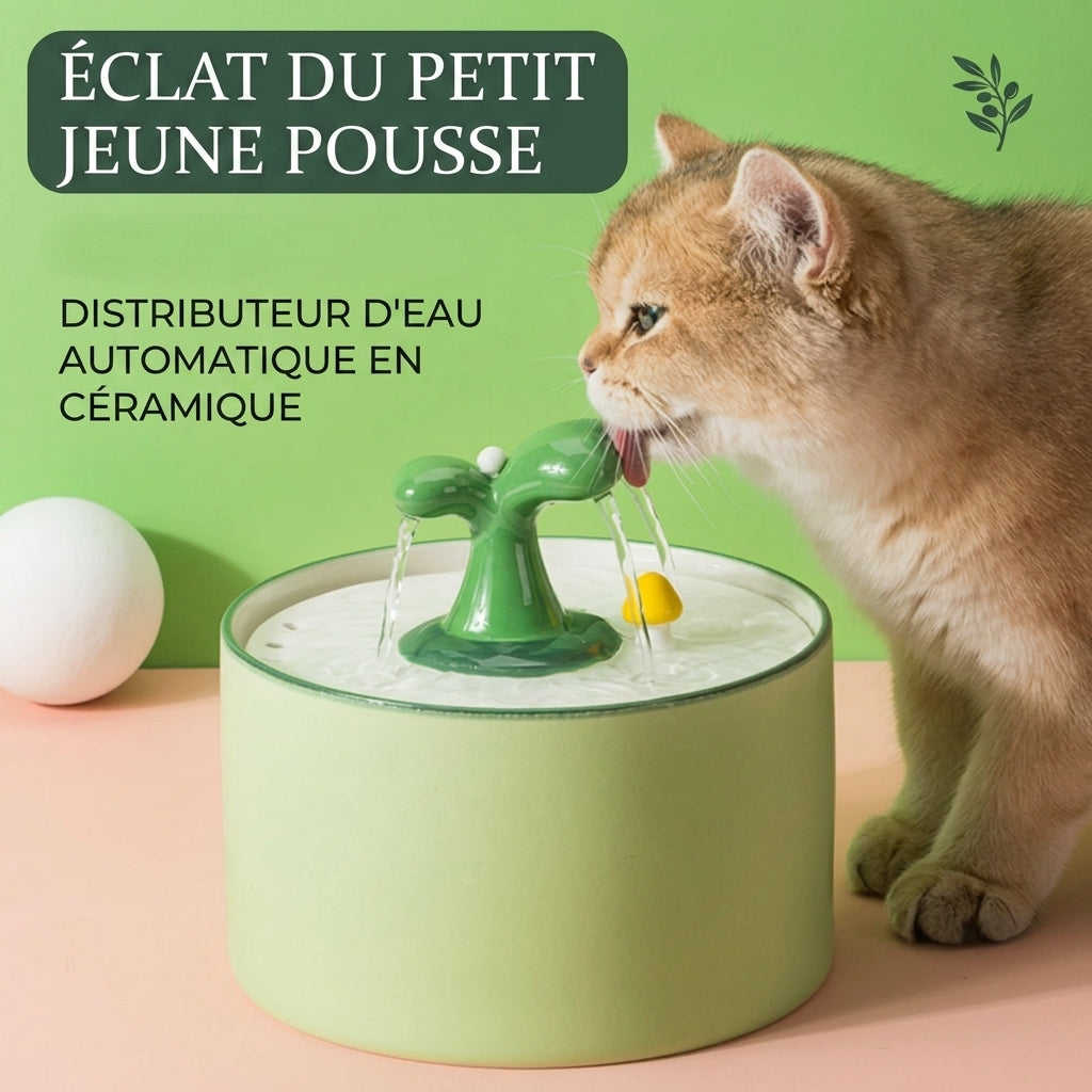 Chat roux qui boit à la fontaine à eau chat céramique verte au bec en forme de pousse