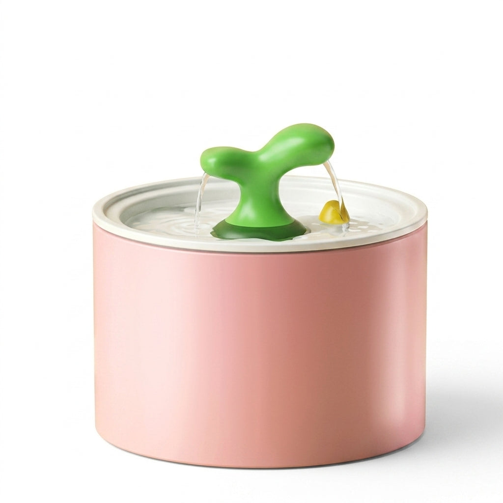 Fontaine à eau chat céramique rose, bec vert et couvercle blanc, sur fond blanc