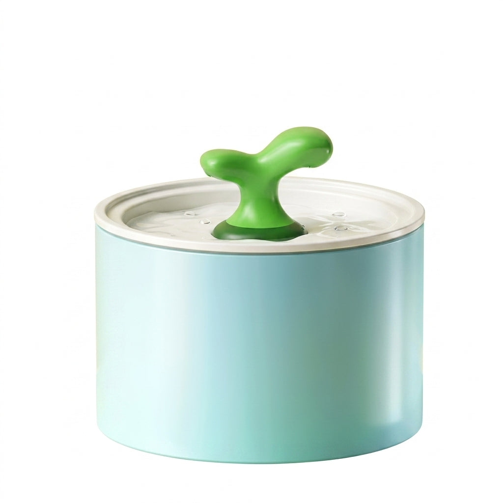 Fontaine à eau chat céramique bleu ciel, bec vert, packshot sur fond blanc