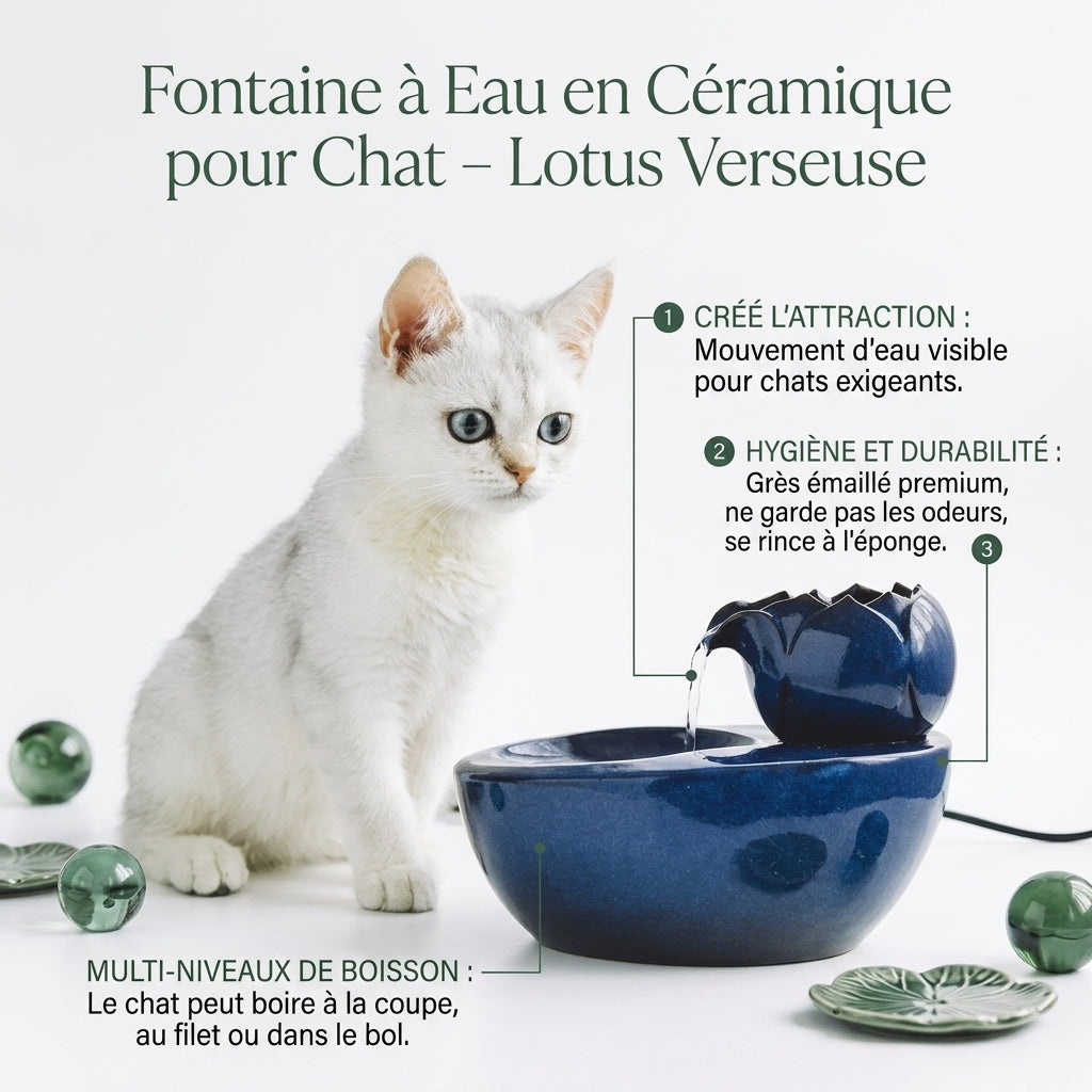 Chat blanc près de la fontaine à eau chat céramique bleue à verseuse lotus, visuel annoté