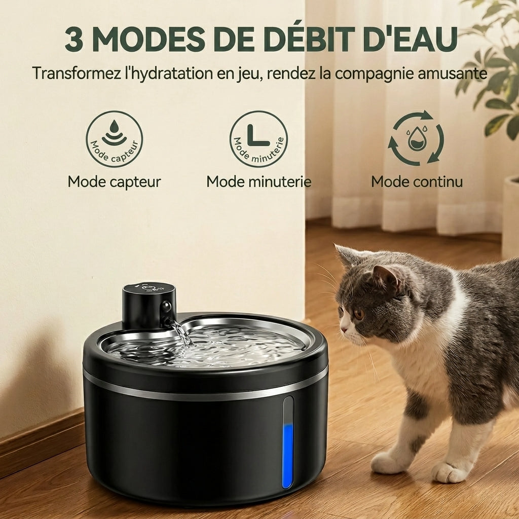 Fontaine à eau chat sans fil noire et ses trois modes : capteur, minuterie, continu