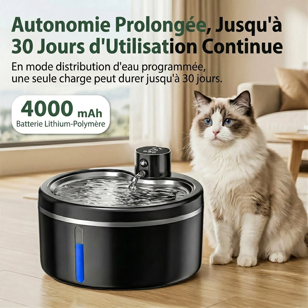 Fontaine à eau chat sans fil noire à batterie 4000 mAh, chat blanc assis à côté