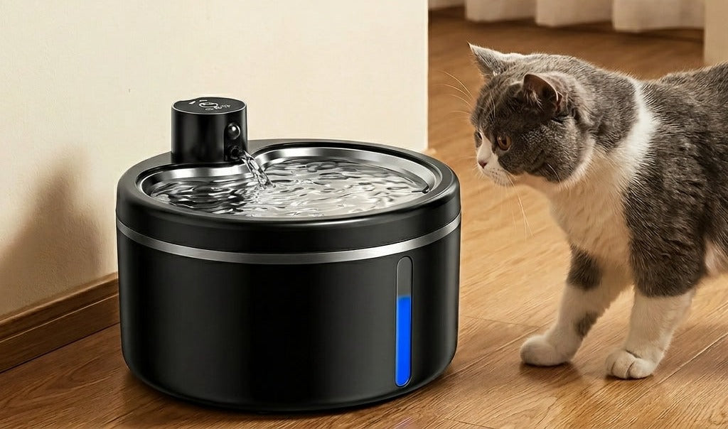 Fontaine à eau chat sans fil noire et ses trois modes : capteur, minuterie, continu
